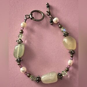 Bracelet Aventurine green polished stones, Freshwater Pearls, green crystals 7.5